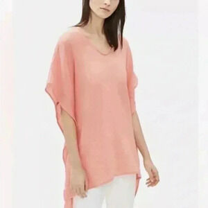 [OS]  Eileen Fisher V-Neck Organic Cotton Fringe-Trim Poncho Peach